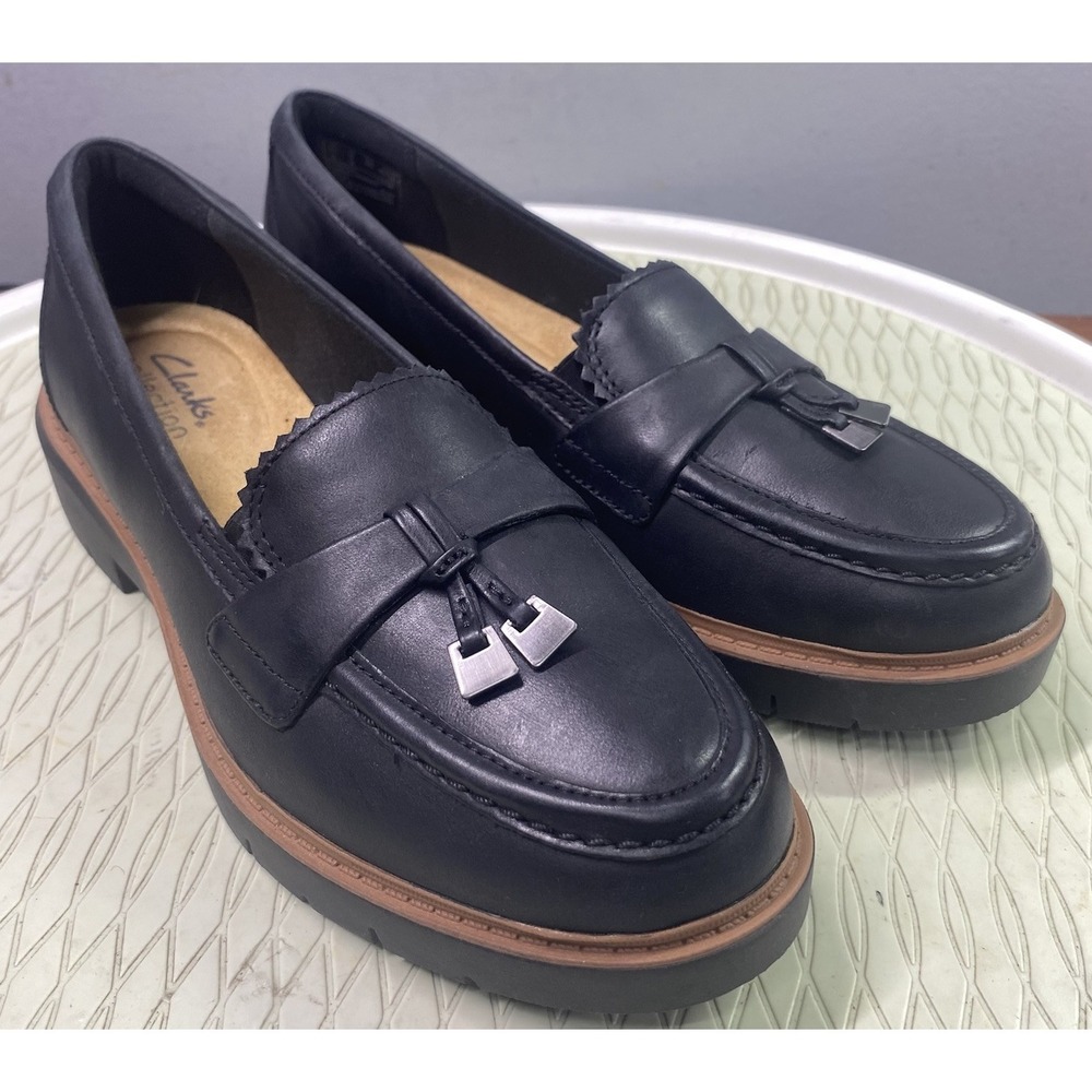 Clarks Women's Westlynn Bella Black Leather Loafer Platform Shoes Tassel 6M EUC
